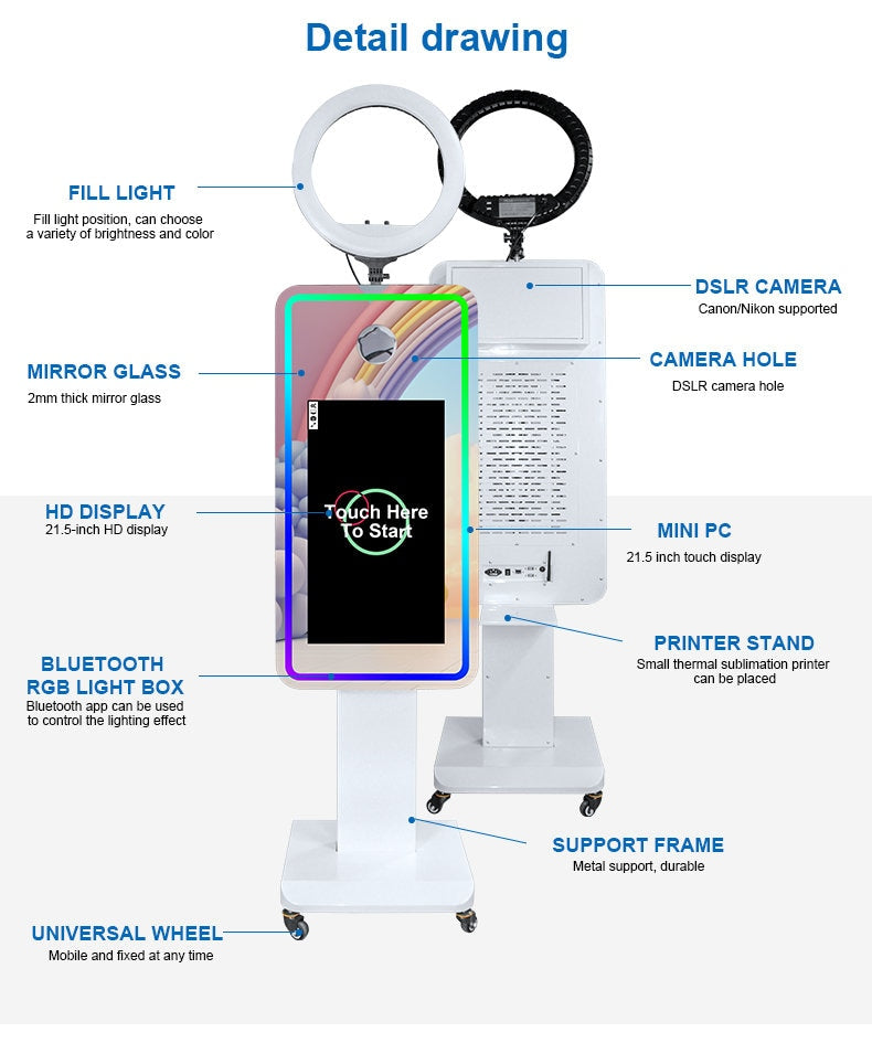 21.5'' Mirror Photo Booth w/ Touch Screen – Portable Selfie Booth for Weddings, Parties, & Events – White, Camera Included, Rental-Ready!